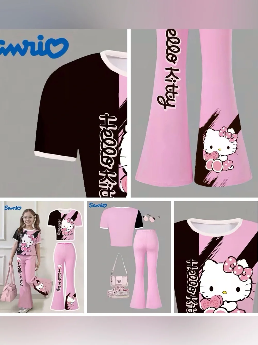 Sanrio Hello Kitty Pink/Black Girls 2-Piece Set Slim Fit Flare Size-7-8 Yrs. NEW